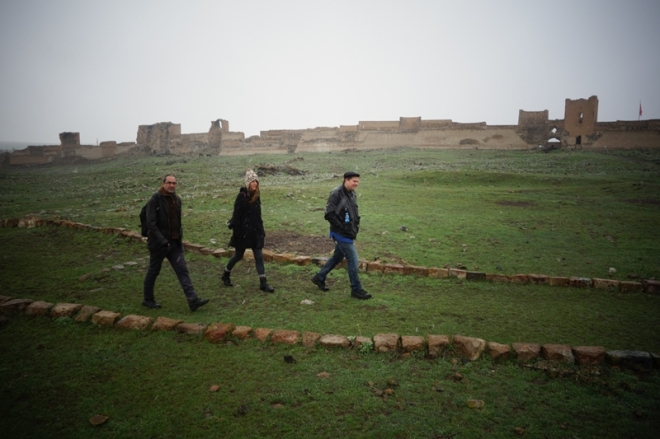 Walking the main street of the ancient city of Ani with Ricardo and Jake. Credit: Filip Warwick